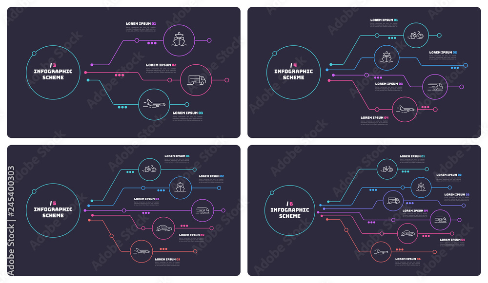Thin line infographic schemes with 3 4 5 6 options. Vector templates for web, presentations, reports, visualizations. 
