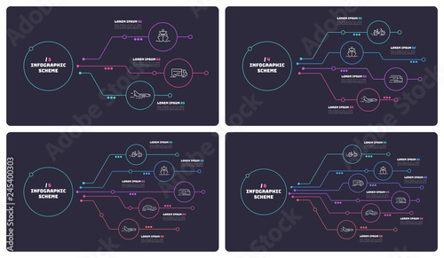 Thin line infographic schemes with 3 4 5 6 options. Vector templates for web, presentations, reports, visualizations. 