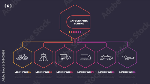 Thin line infographic scheme with 6 options. Vector template for web, presentations, reports, visualizations.