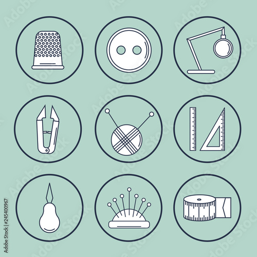 Vector handicraft accessories. Line art set of accessories for sewing and handmade.
