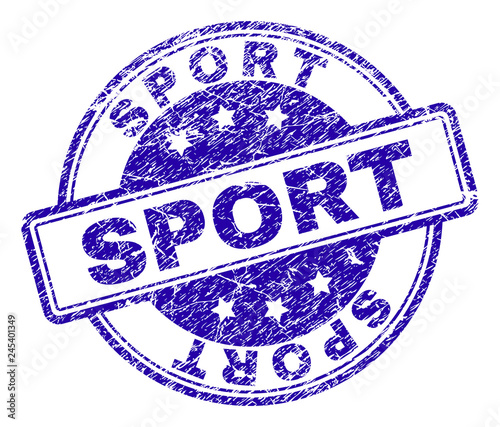 SPORT stamp seal imprint with grunge texture. Designed with rounded rectangles and circles. Blue vector rubber print of SPORT title with unclean texture.