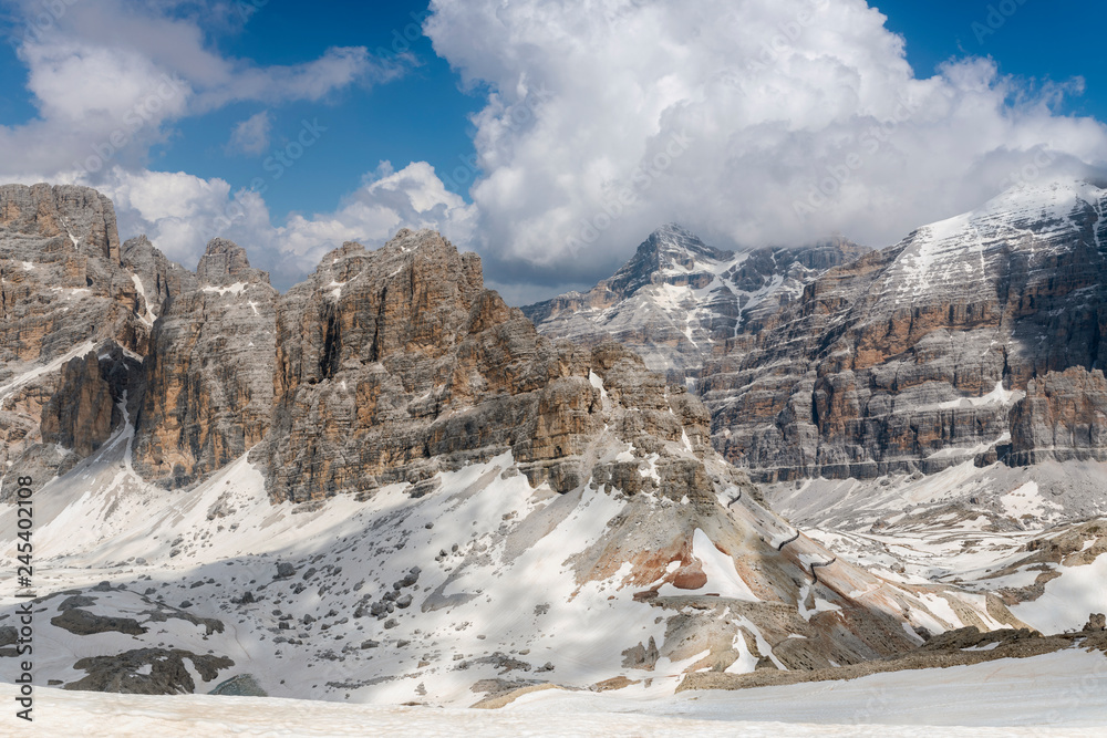 Spring mountains panorama of Italian Alps. Dolomites.