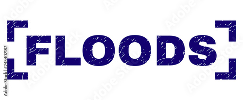 FLOODS text seal print with grunge style. Text caption is placed between corners. Blue vector rubber print of FLOODS with grunge texture.
