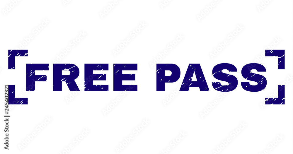 FREE PASS text seal watermark with grunge texture. Text title is placed between corners. Blue vector rubber print of FREE PASS with unclean texture.