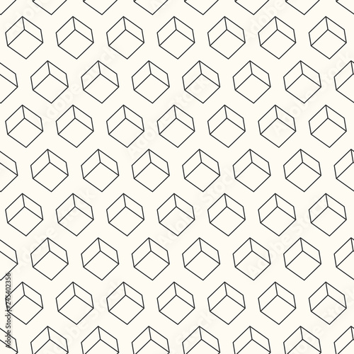 Abstract seamless pattern with outlined 3D cubes. Monochrome geometrical wallpaper. White background. EPS10.