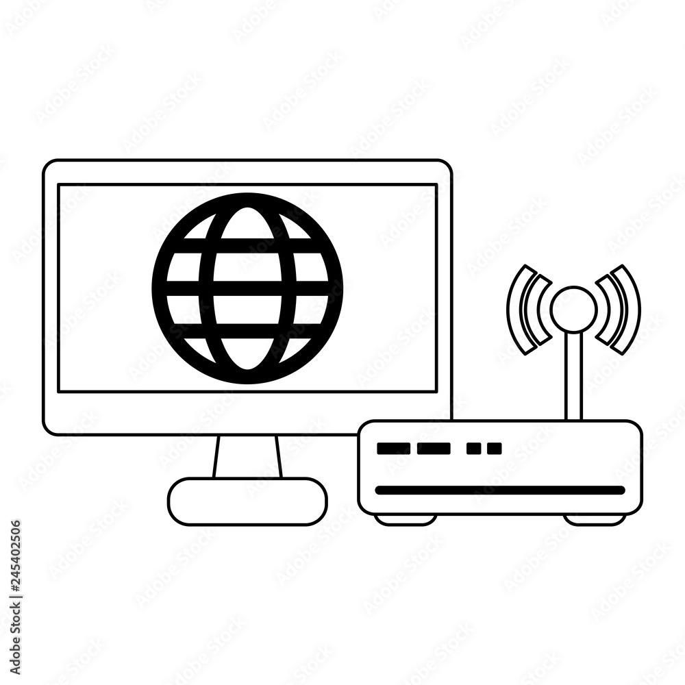 Computer screen with global symbol in black and white Computer screen with global symbol in black and white