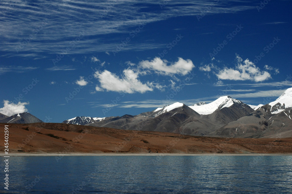 Lake Rajasthal near Mount Kailash against a blue sky, Tibet, China
