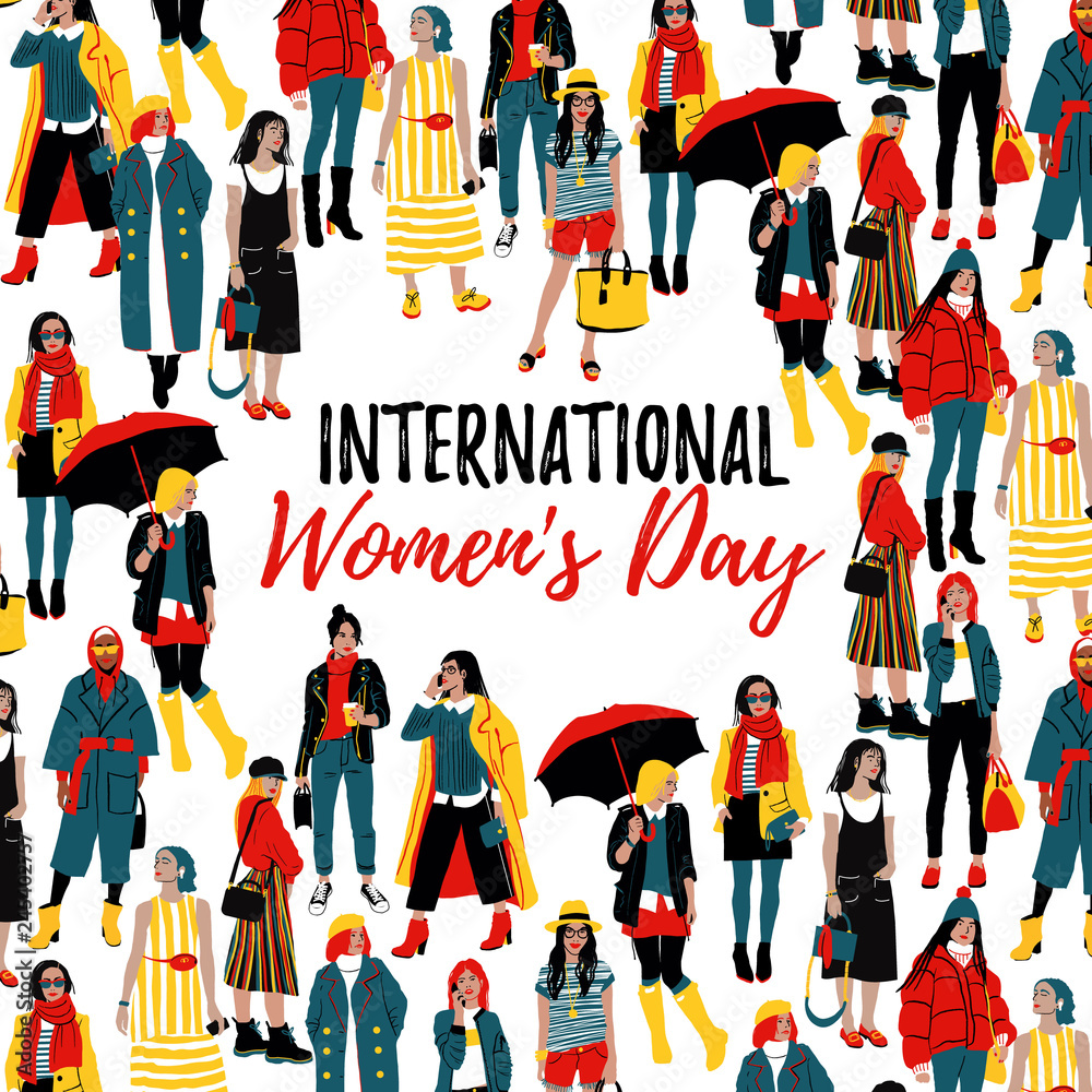International Women s Day. Template for a poster, cards, banner. Detailed Female Characters.
