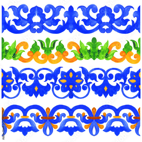 Portuguese azulejo tiles. Watercolor seamless patterns, prints