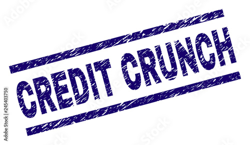 CREDIT CRUNCH seal print with grunge style. Blue vector rubber print of CREDIT CRUNCH tag with grunge texture. Text tag is placed between parallel lines.