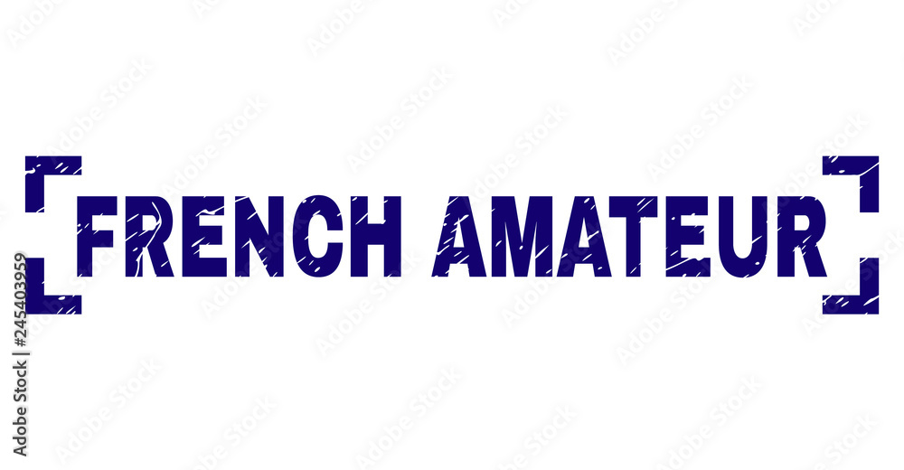 FRENCH AMATEUR tag seal print with corroded texture. Text caption is placed between corners. Blue vector rubber print of FRENCH AMATEUR with corroded texture.