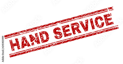 HAND SERVICE seal imprint with corroded texture. Red vector rubber print of HAND SERVICE caption with corroded texture. Text caption is placed between double parallel lines.