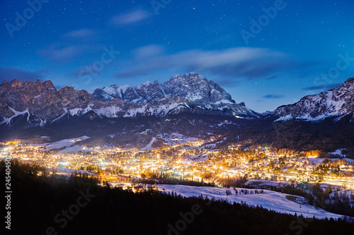 Cortina Ampezzo ski resort city at night photo