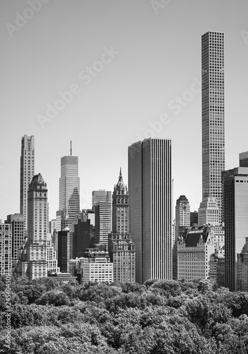 Black and white picture of New York skyscrapers by the Central Park, USA.