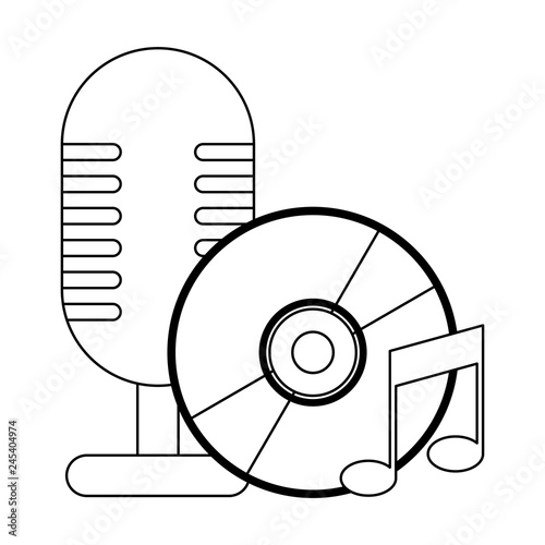 vintage microphone and music cd rom in black and white