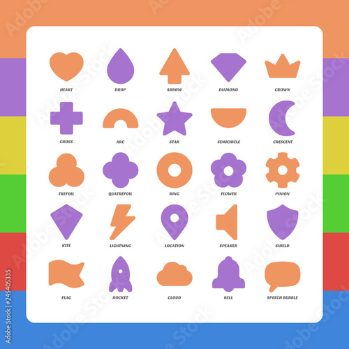 Basic kids rounded corners flat figures school collection. Vector set geometric safe shapes. Heart, drop, arrow, diamond, crown,  cross, arc, star, semicircle, crescent, trefoil, quatrefoil, ring.