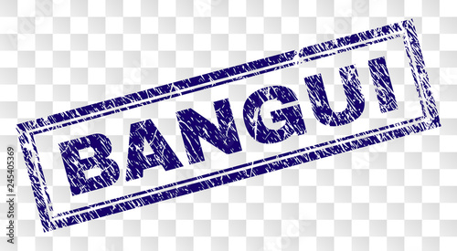 BANGUI stamp seal watermark with rubber print style and double framed rectangle shape. Stamp is placed on a transparent background. Blue vector rubber print of BANGUI text with unclean texture.
