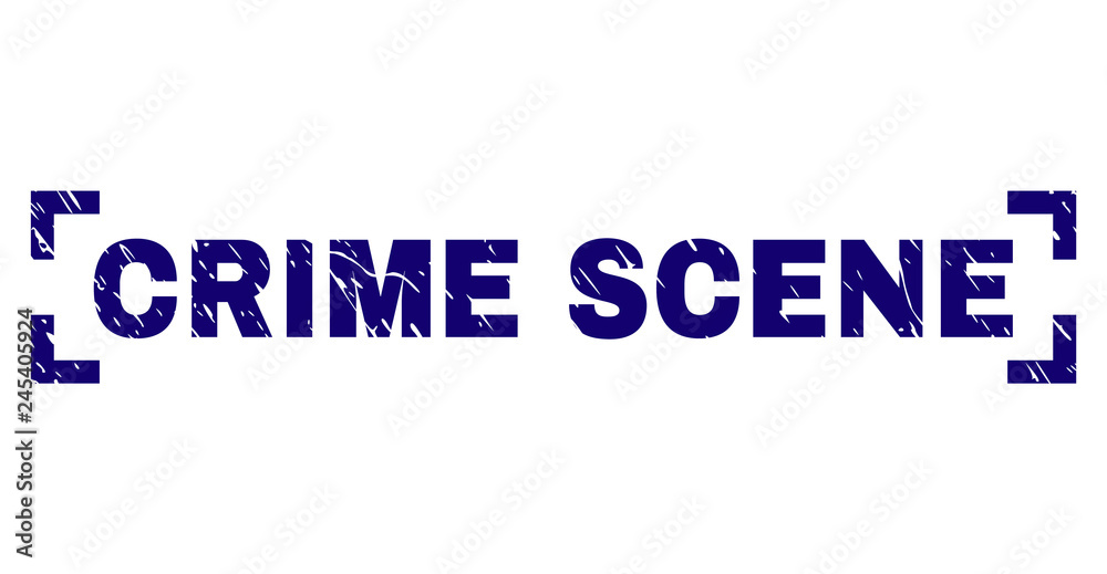 CRIME SCENE text seal print with distress texture. Text tag is placed inside corners. Blue vector rubber print of CRIME SCENE with grunge texture.