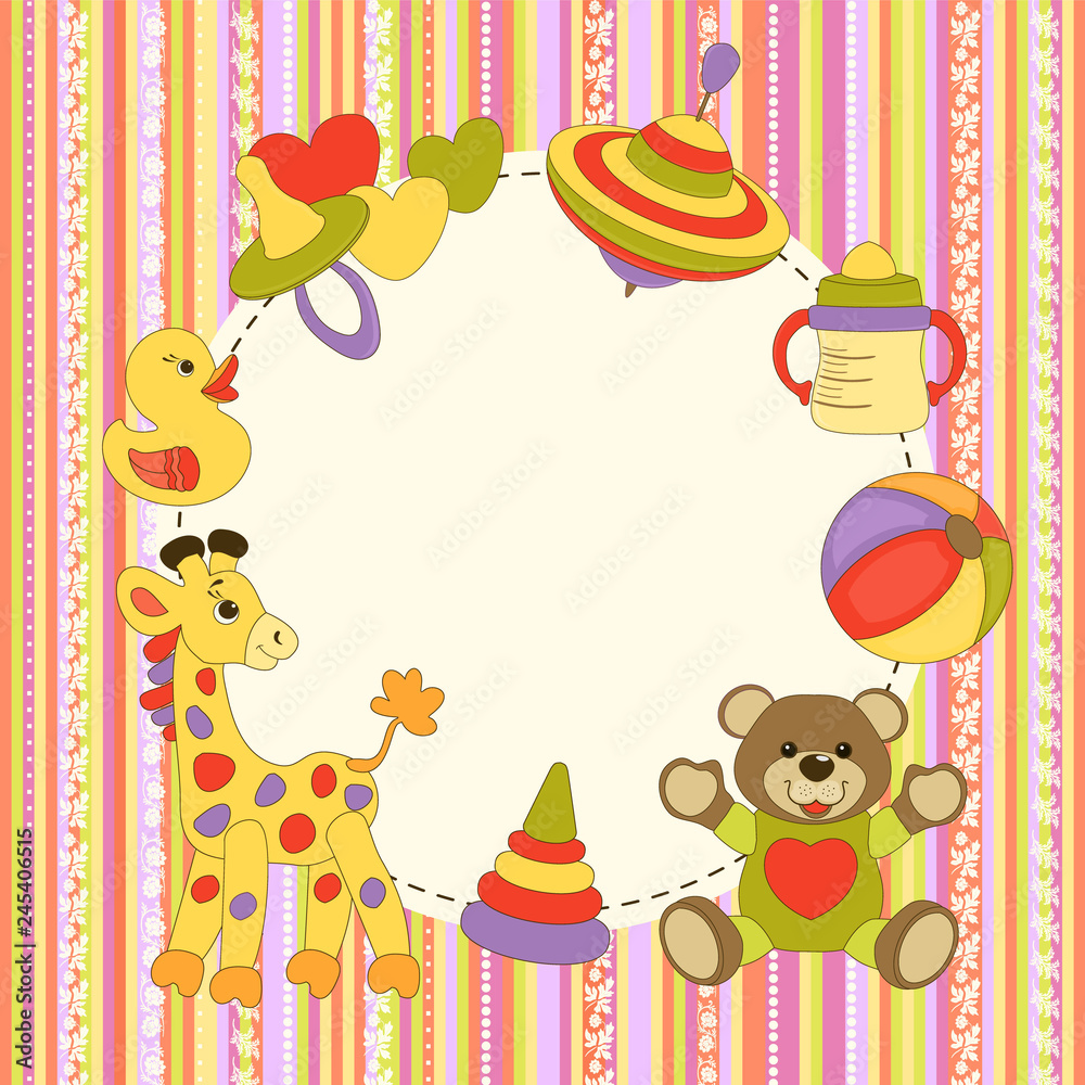 Vector baby pattern. Illustration with cute animals and toys for kids. Childrens background for wallpaper or textile. Baby shower pattern, brightfr or birthday greeting card. Vector baby pattern. Illustration with cute animals and toys for kids. Childrens background for wallpaper or textile. Baby shower pattern, brightfr or birthday greeting card.