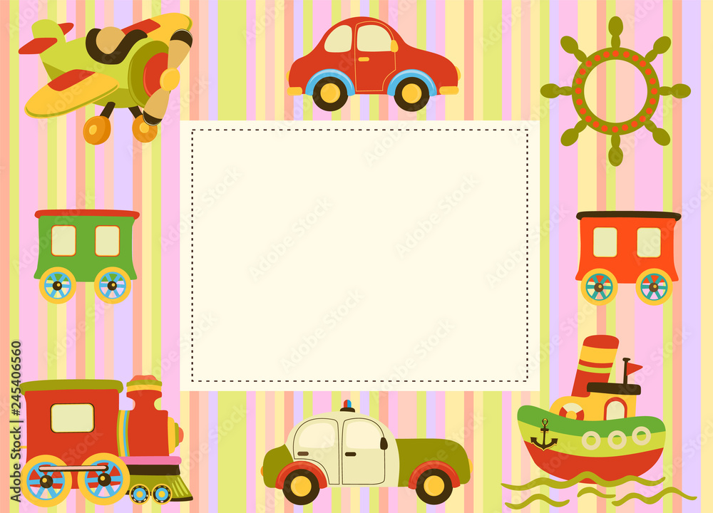 Obraz premium Vector baby pattern with transport. Illustration with cars, airplane and boats for kids. Childrens background for wallpaper or textile. Baby shower pattern, bright frame or birthday greeting card.