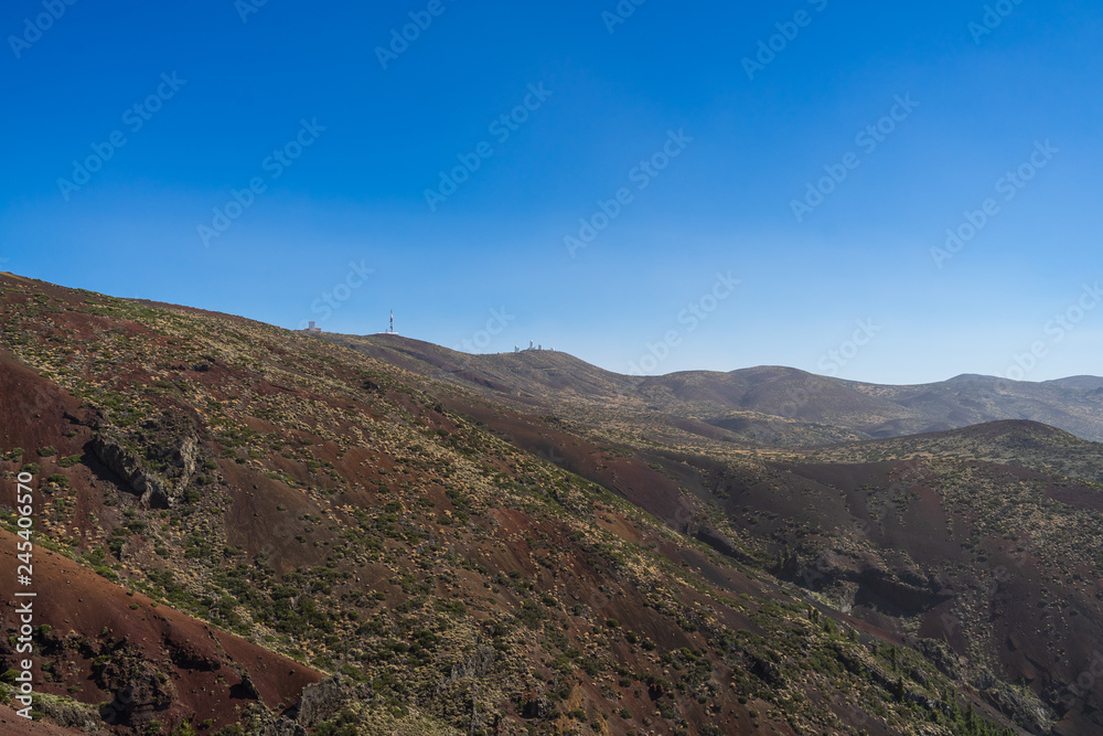 View of the valley of Teide volcano. In the background is the Teide Observatory. Viewpoint: Mirador La Tarta. Tenerife. Canary Islands. Spain.