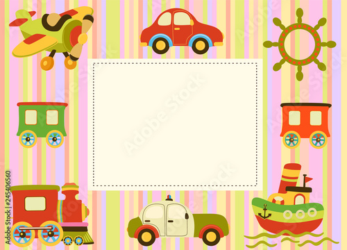 Vector baby pattern with transport. Illustration with cars  airplane and boats for kids. Childrens background for wallpaper or textile. Baby shower pattern  bright frame or birthday greeting card.