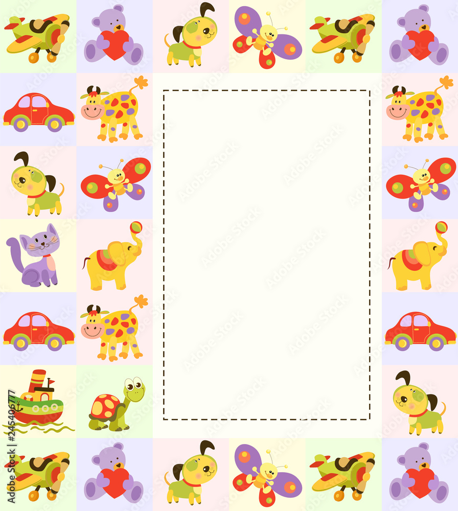 Vector baby pattern. Illustration with cute animals and toys for kids. Childrens background for wallpaper or textile. Baby shower pattern, brightfr or birthday greeting card. Vector baby pattern. Illustration with cute animals and toys for kids. Childrens background for wallpaper or textile. Baby shower pattern, brightfr or birthday greeting card.