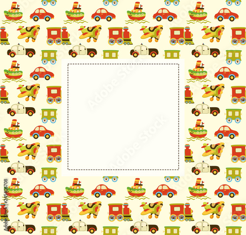 Vector baby pattern with transport. Illustration with cars, airplane and boats for kids. Childrens background for wallpaper or textile. Baby shower pattern, bright frame or birthday greeting card.