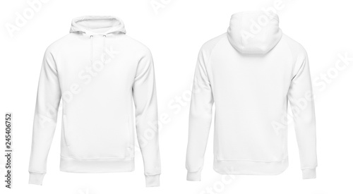 White male hoodie sweatshirt long sleeve, mens hoody with hood for your design mockup for print, isolated on white background. Template sport clothes photo