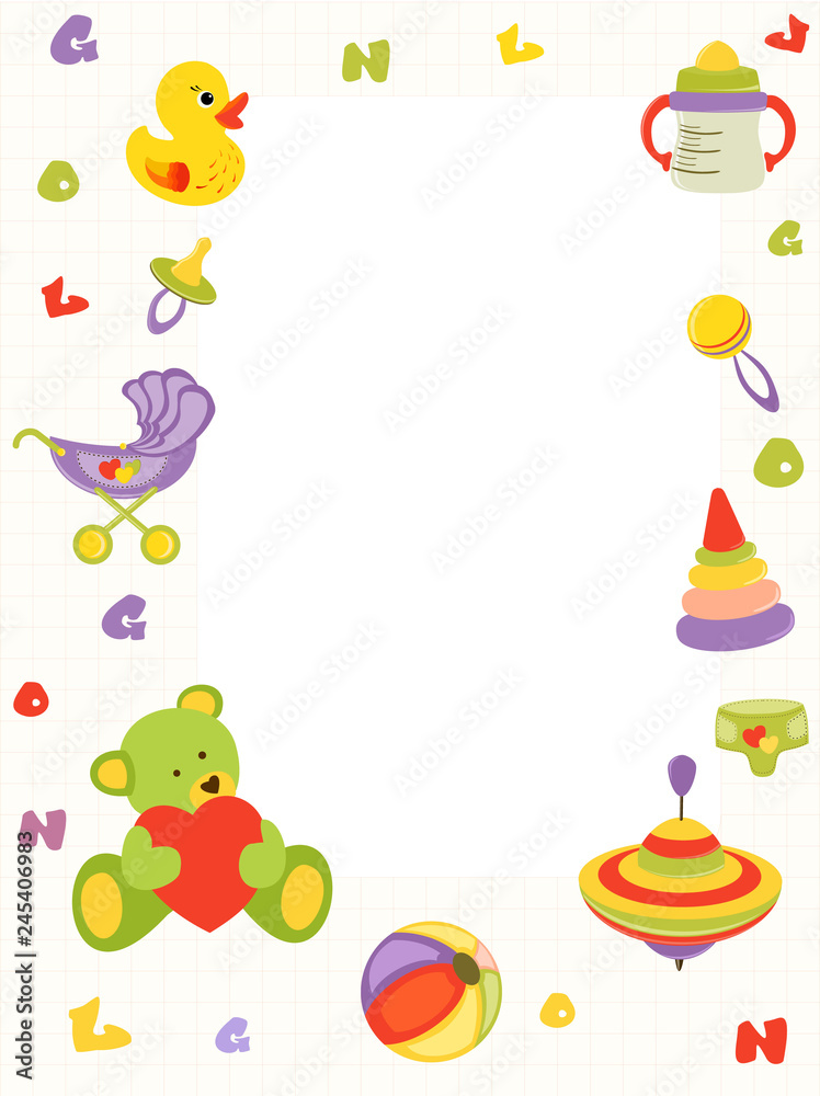 Vector baby pattern. Illustration with cute animals and toys for kids. Childrens background for wallpaper or textile. Baby shower pattern, brightfr or birthday greeting card. Vector baby pattern. Illustration with cute animals and toys for kids. Childrens background for wallpaper or textile. Baby shower pattern, brightfr or birthday greeting card.