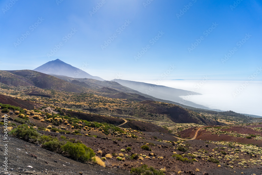 Vew of the Teide volcano. Viewpoint: Mirador Montana Limon. Canary Islands. Tenerife. Spain. Black and white.
