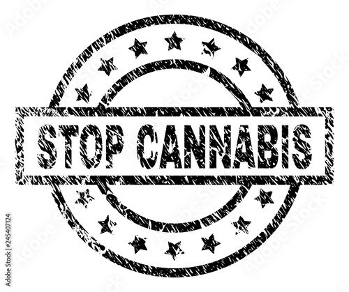 STOP CANNABIS stamp seal watermark with distress style. Designed with rectangle, circles and stars. Black vector rubber print of STOP CANNABIS label with retro texture.