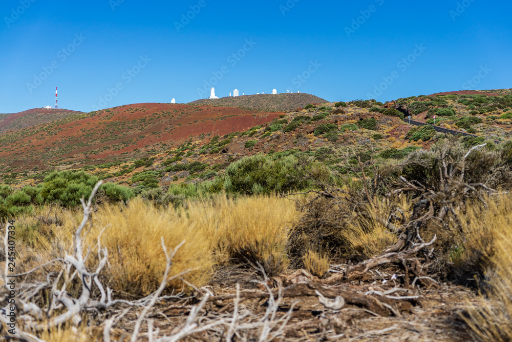 Desert landscape in the vicinity of the Teide volcano. Viewpoint: Mirador Caramujo. In the background is the Teide Observatory. Tenerife. Canary Islands. Spain. Desert landscape in the vicinity of the Teide volcano. Viewpoint: Mirador Caramujo. In the background is the Teide Observatory. Tenerife. Canary Islands. Spain.