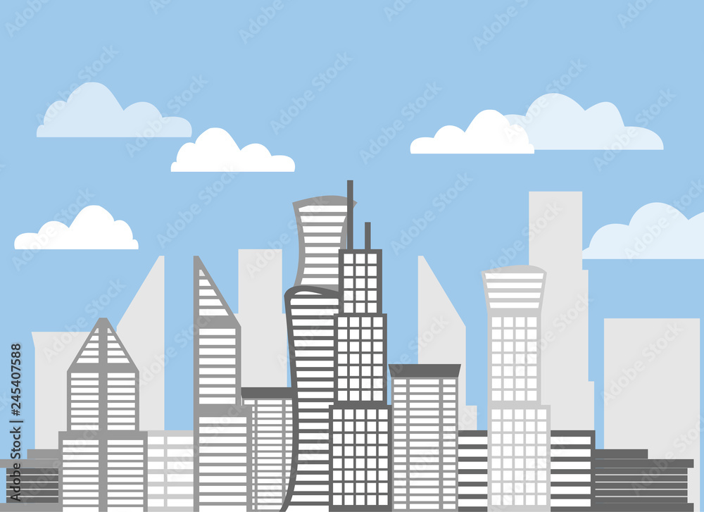 City scene flat illustration. Vector buildings design.