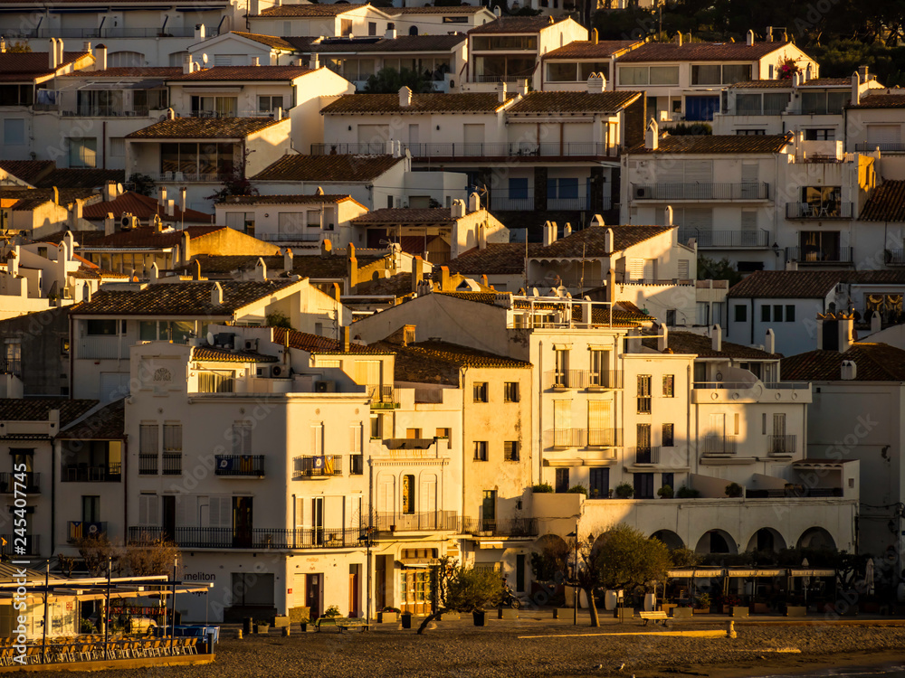 Beautiful skyline of Spanish coastal town Cadaques during sunset