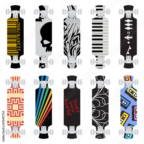Skateboard icon collection. Flat design set. Colorful freeriding longboard objects set on white background. Vector illustration. 