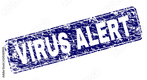 VIRUS ALERT stamp seal print with grunge style. Seal shape is a rounded rectangle with frame. Blue vector rubber print of VIRUS ALERT tag with unclean style.
