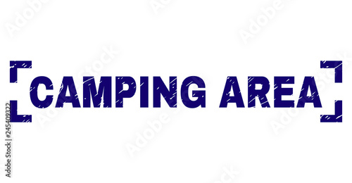 CAMPING AREA caption seal print with corroded texture. Text label is placed between corners. Blue vector rubber print of CAMPING AREA with grunge texture.