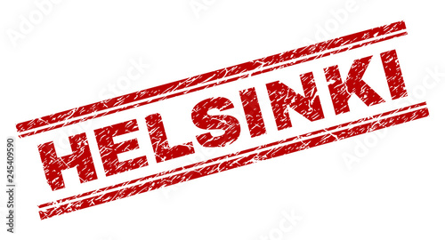 HELSINKI seal print with corroded style. Red vector rubber print of HELSINKI tag with corroded texture. Text tag is placed between double parallel lines.