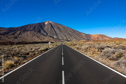 Wide angle straight road to Teide volcanic peak