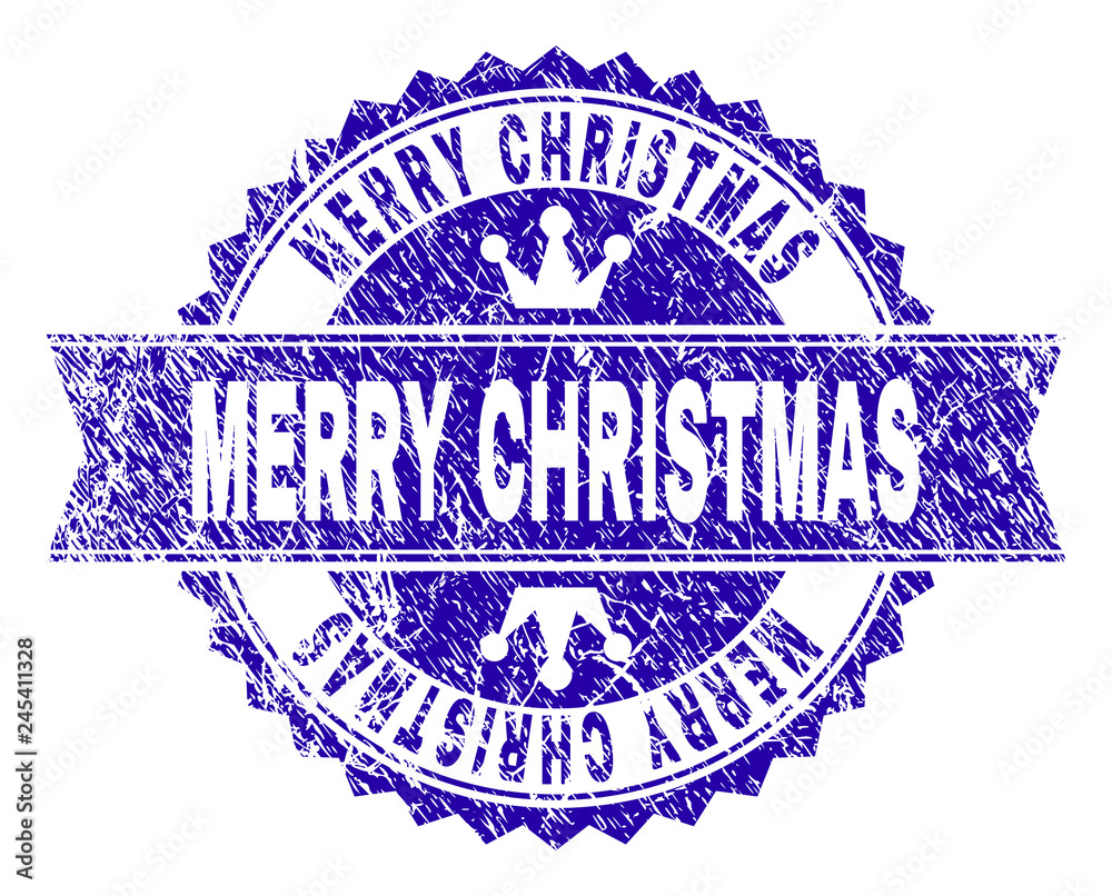 Obraz premium MERRY CHRISTMAS rosette stamp seal watermark with grunge texture. Designed with round rosette, ribbon and small crowns. Blue vector rubber watermark of MERRY CHRISTMAS title with retro texture.