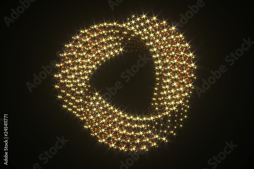 Abstract luxury golden jewelry isolated on black. 3D render of curved ring made from golden swirl spheres. Sparkle shine golden element for jewelry logo or icon design.