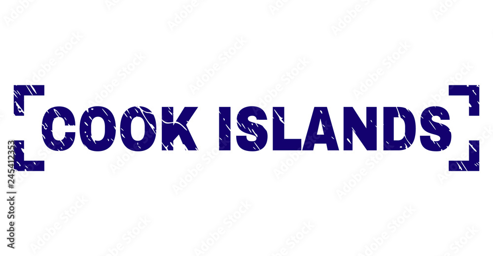 COOK ISLANDS text seal print with grunge effect. Text label is placed inside corners. Blue vector rubber print of COOK ISLANDS with grunge texture.