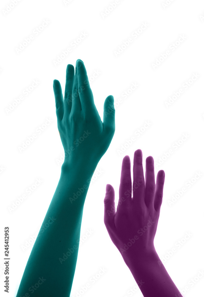 Close up illustration of women's arms moving upward simulate lust. They are painted in cyan and magenta, turquoise and pink gesturing the quest, craving, longing, hunger, thirst, aspiration towards so Close up illustration of women's arms moving upward simulate lust. They are painted in cyan and magenta, turquoise and pink gesturing the quest, craving, longing, hunger, thirst, aspiration towards so
