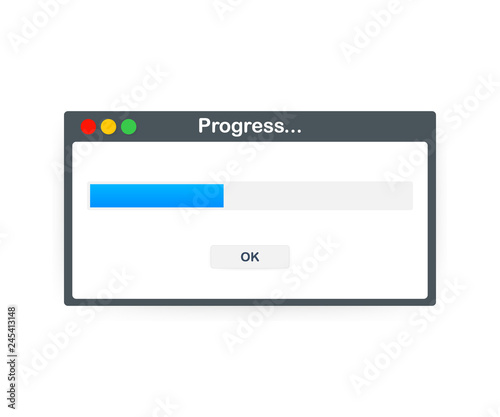 Loading data window with progress bar on white background. Vector illustration