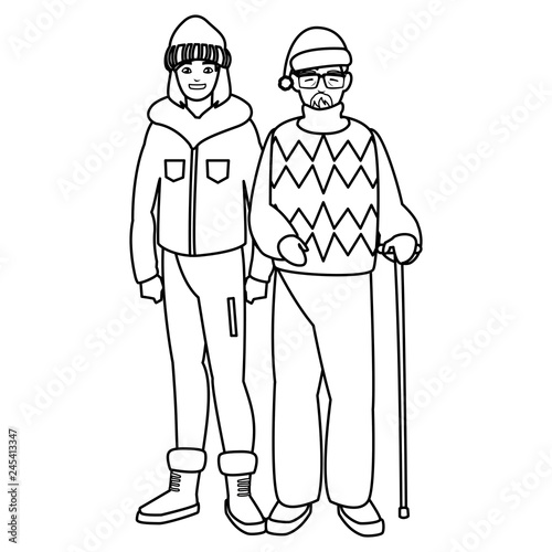 cute grandfather and daughter with winter clothes