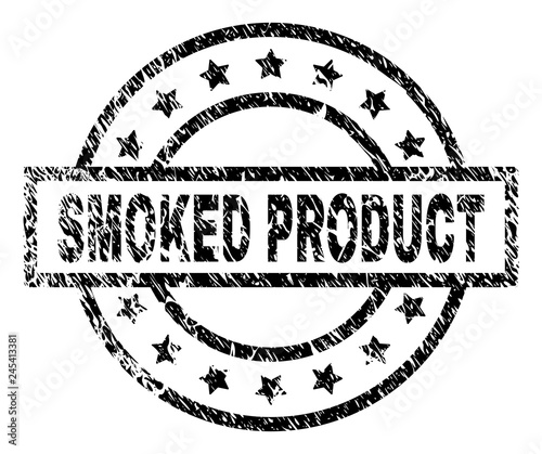 SMOKED PRODUCT stamp seal watermark with distress style. Designed with rectangle, circles and stars. Black vector rubber print of SMOKED PRODUCT label with dust texture.