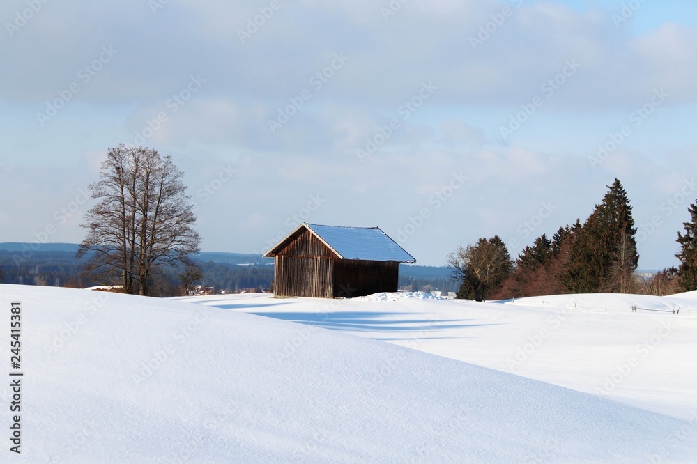 Holzhütte in romantischer Winterlandschaft im hügeligen Alpenvorland, Allgäu, Bayern
