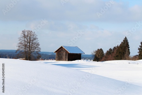 Holzhütte in romantischer Winterlandschaft im hügeligen Alpenvorland, Allgäu, Bayern © Andie_Alpion