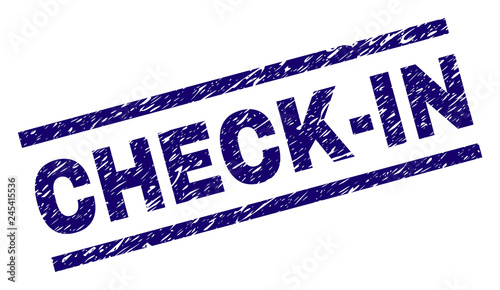 CHECK-IN seal print with distress style. Blue vector rubber print of CHECK-IN text with dust texture. Text caption is placed between parallel lines.